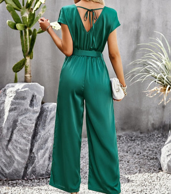 Elegant Solid Color V Neck Jumpsuit