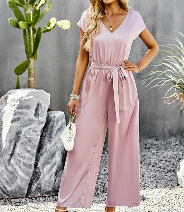 Elegant Solid Color V Neck Jumpsuit