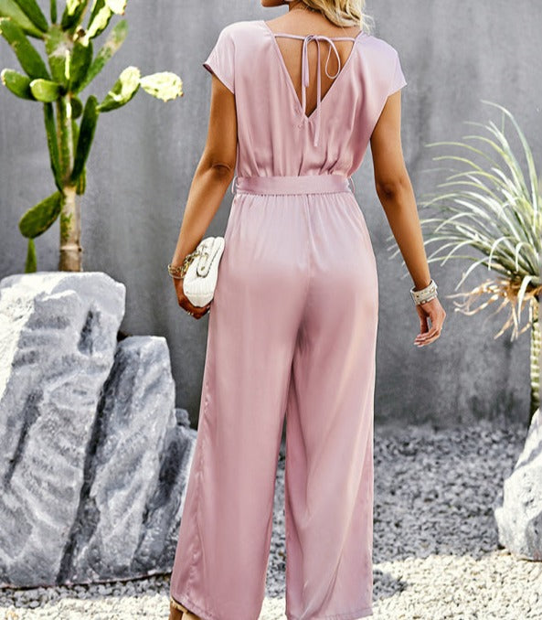 Elegant Solid Color V Neck Jumpsuit