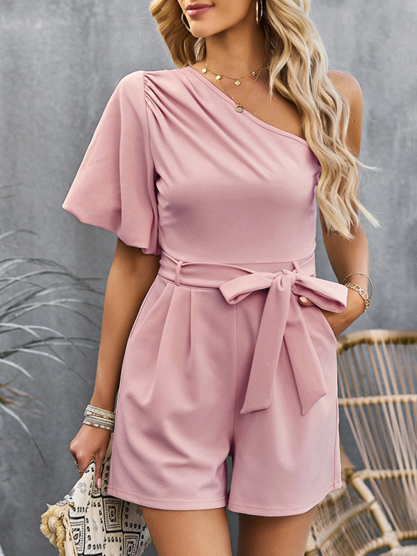 Elegant Solid Color One Shoulder Rompers