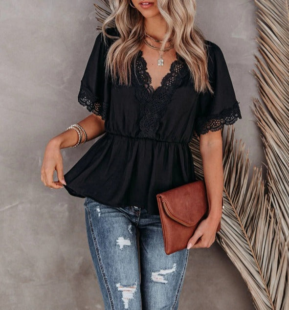 Lace Panel Solid Color Short Sleeve Top