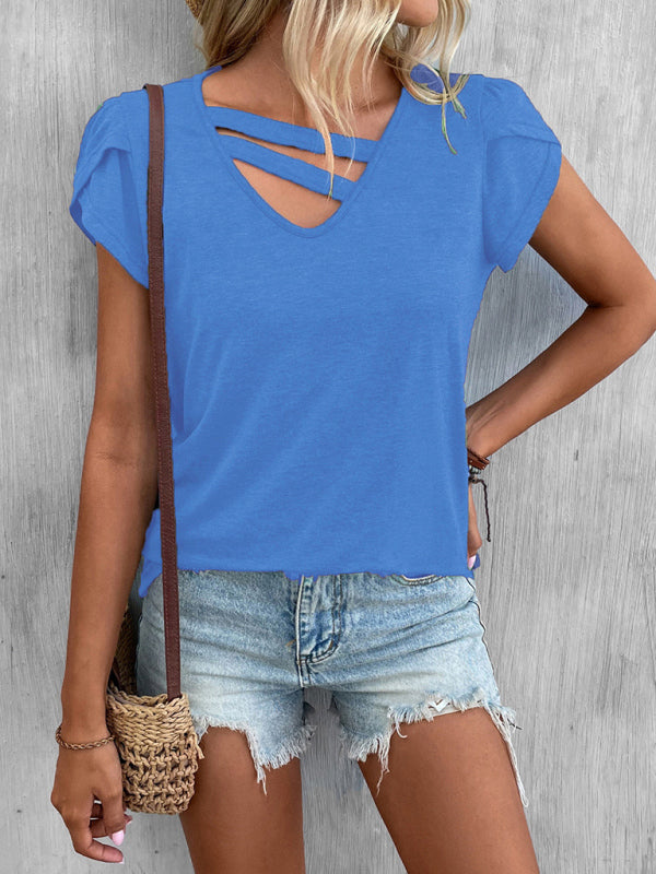 Solid Color V-Neck Petal Sleeve Loose T-Shirt