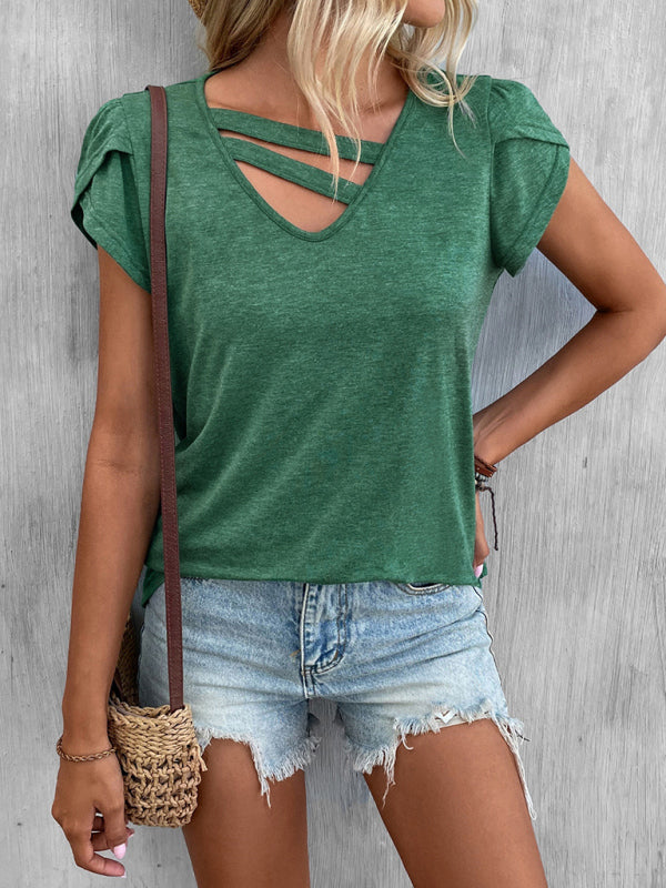 Solid Color V-Neck Petal Sleeve Loose T-Shirt