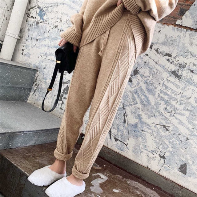 Warm Knitted pants Women High Waist Loungewear