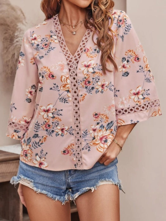 Printed Floral Patch-Laced Top